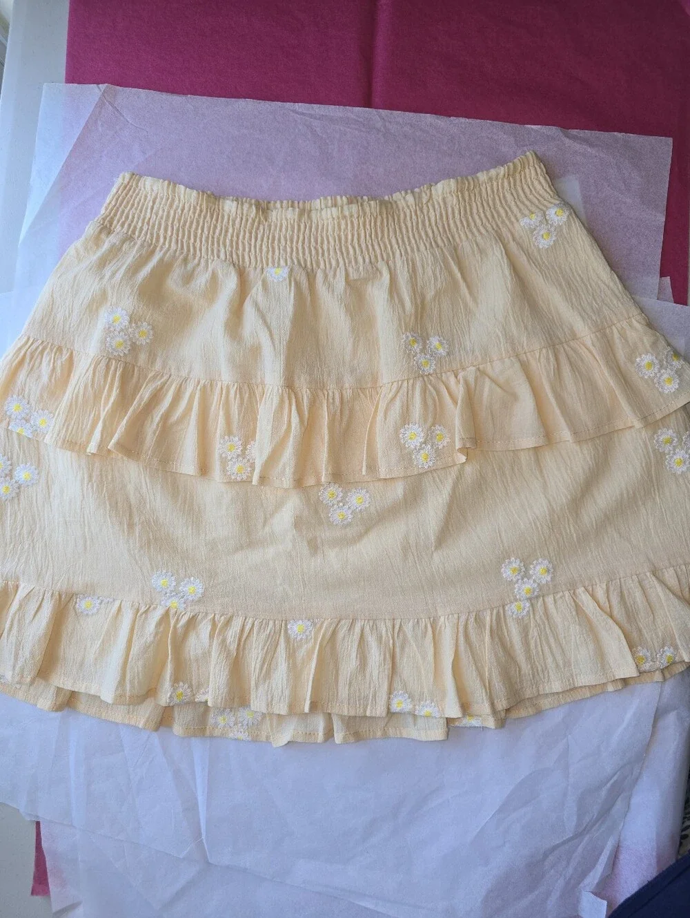 Les Lis Yellow Cotton Tiered Ruffle Embroidered Coquette Mini Skirt L